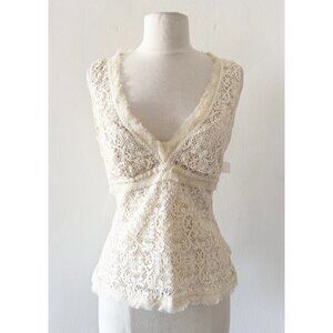 Bergdorf Goodman Elie Tahari Vintage Y2K Ivory Lace Crochet V Neck Top Medium